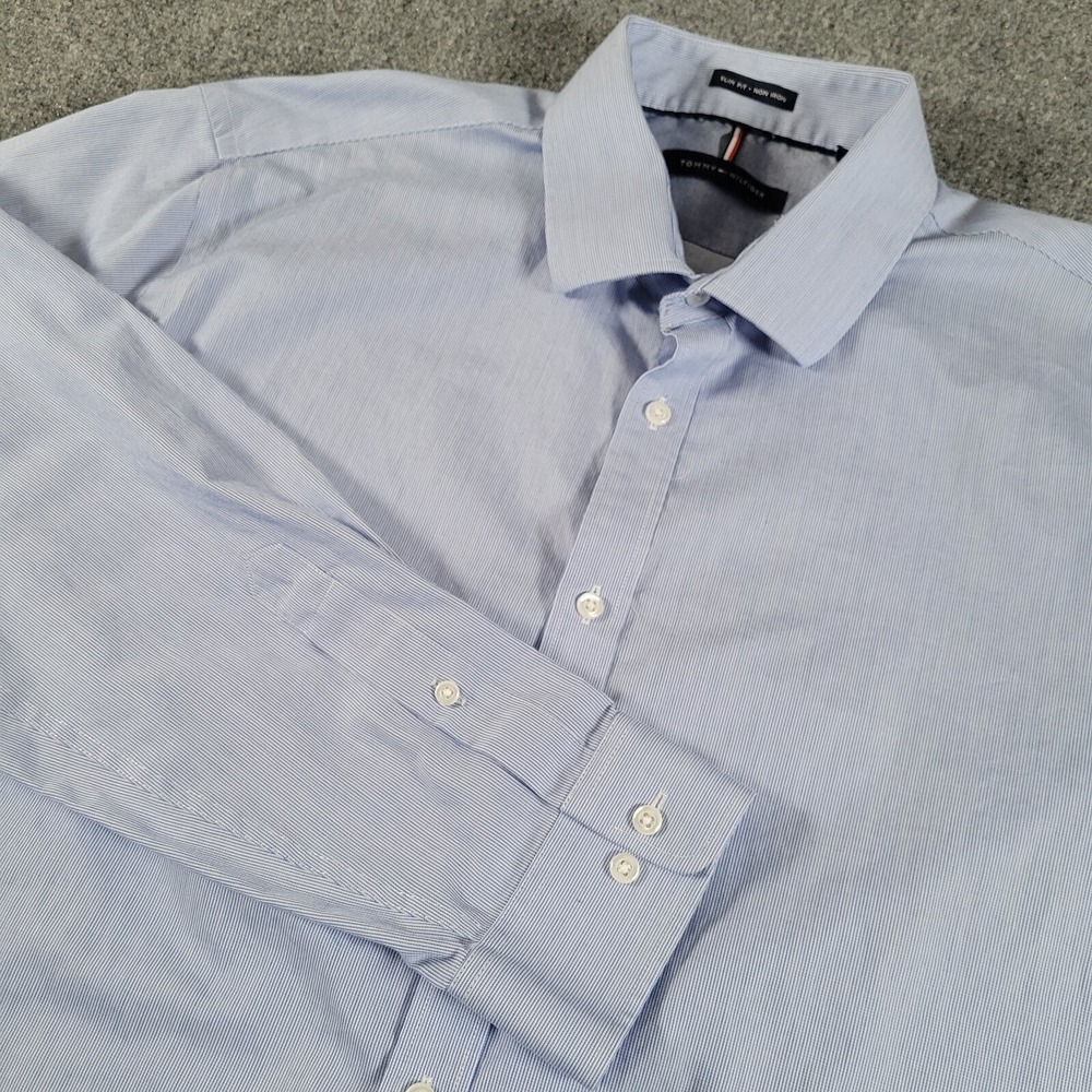 Tommy Hilfiger Shirt Mens XL 17.5 34/35 Slim Fit Non-Iron Blue Striped